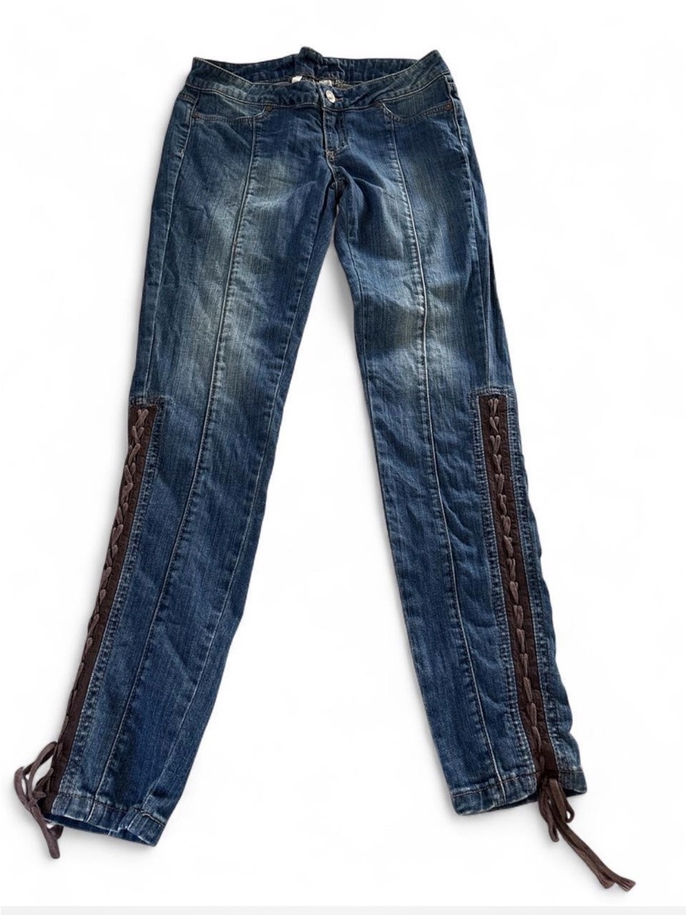 Mango Skinny Blue Jeans with Brown Lace-Up Side Panels